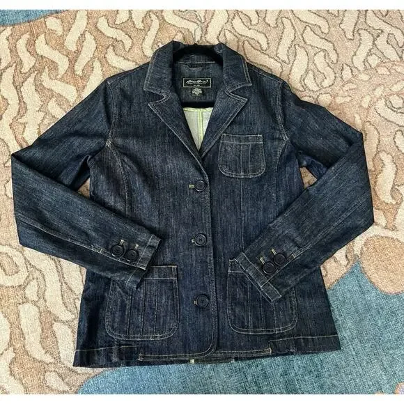 EDDIE BAUER Women's Y2K-Style Dark Denim Fitted Stretch Jean Jacket Sz M Tall - Picture 7 of 12